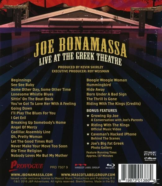 Joe Bonamassa Live at the Greek Theatre album borító számlistával és bónuszokkal.