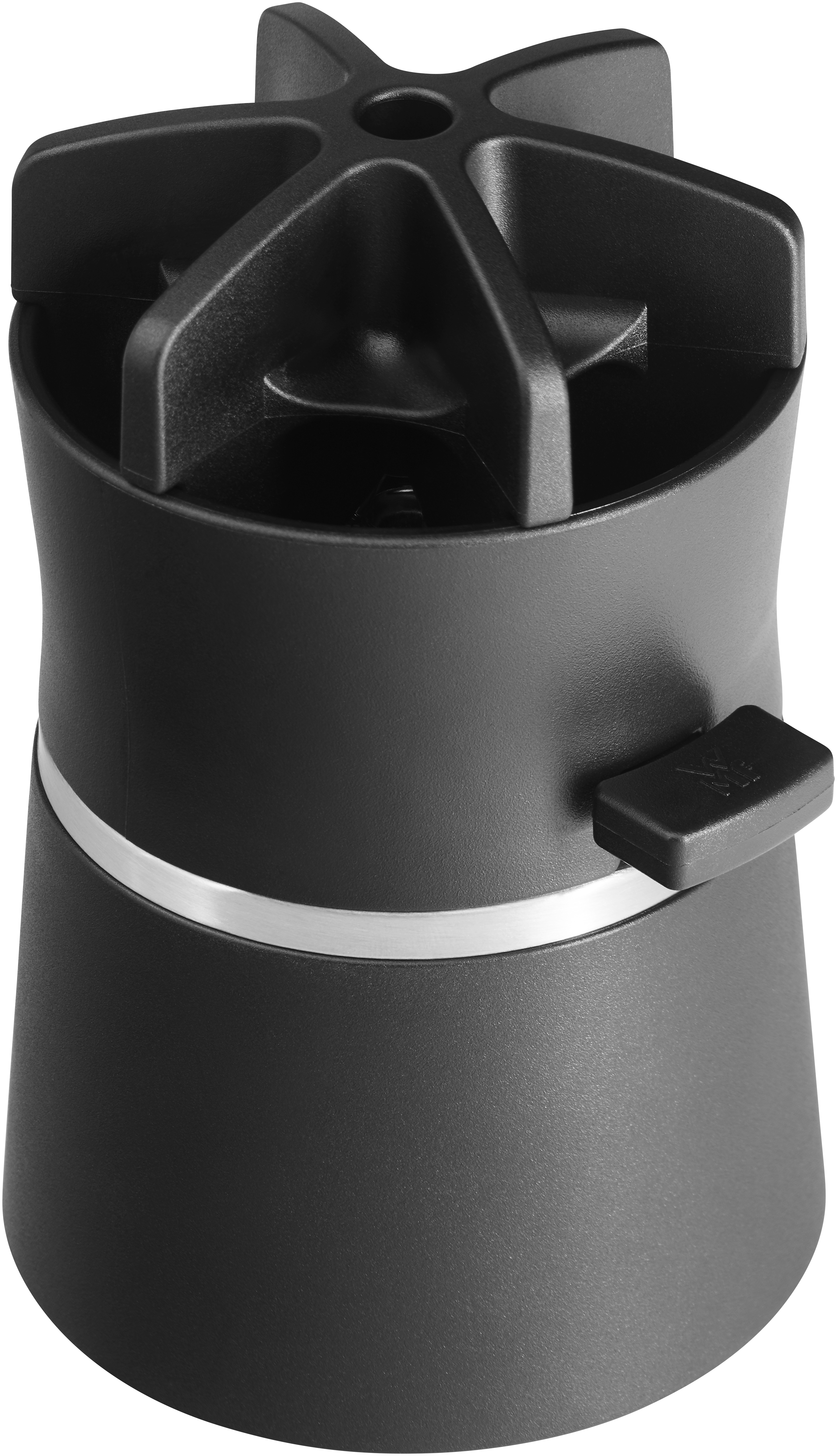 Schwarze Küchengerätekomponente. Zylindrische Form mit Silberband. Oberseite mit sternförmigem Design.