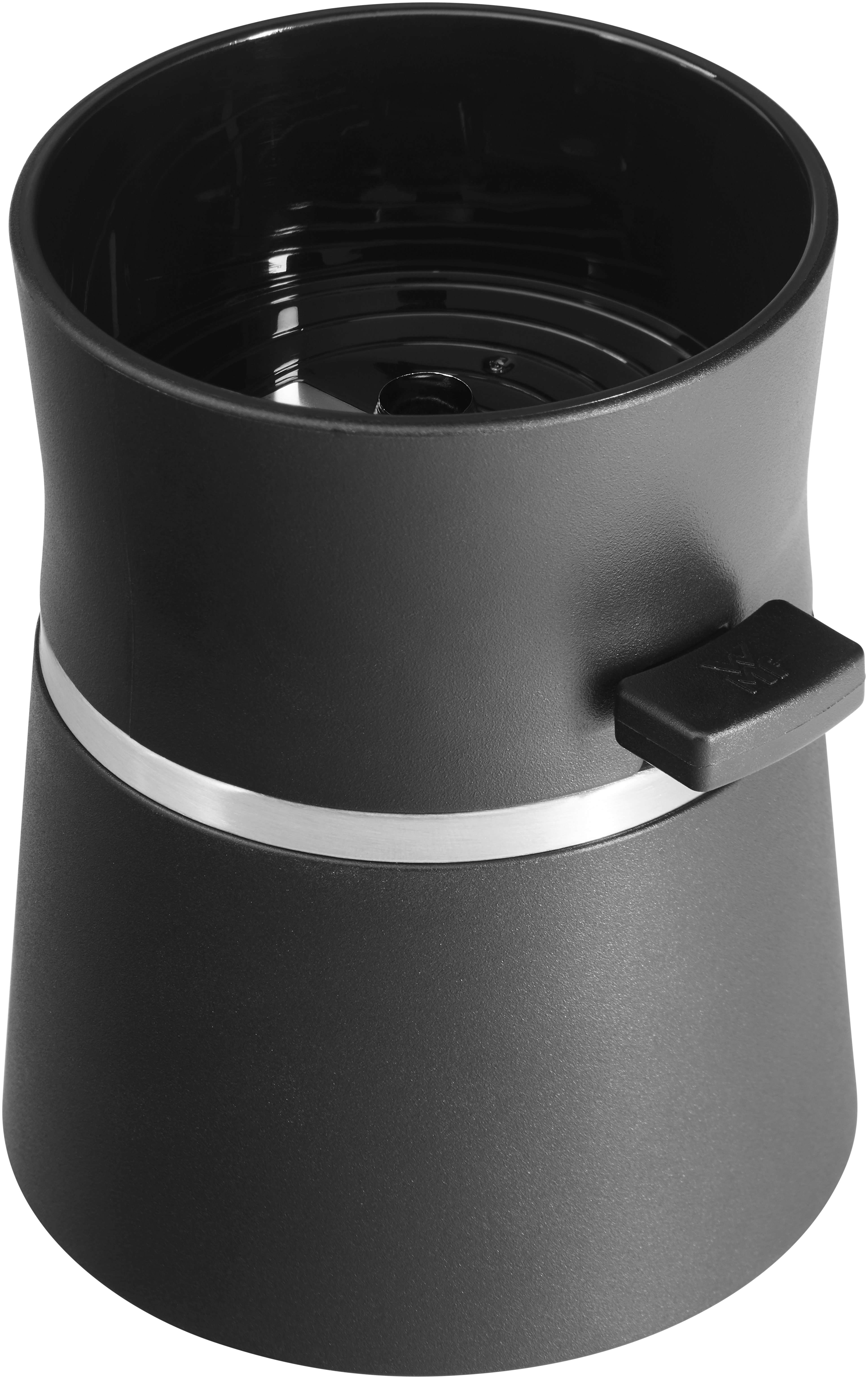 Eine schwarze Kaffeemühle, Draufsicht. Ein silbernes Band umschließt die Mitte.