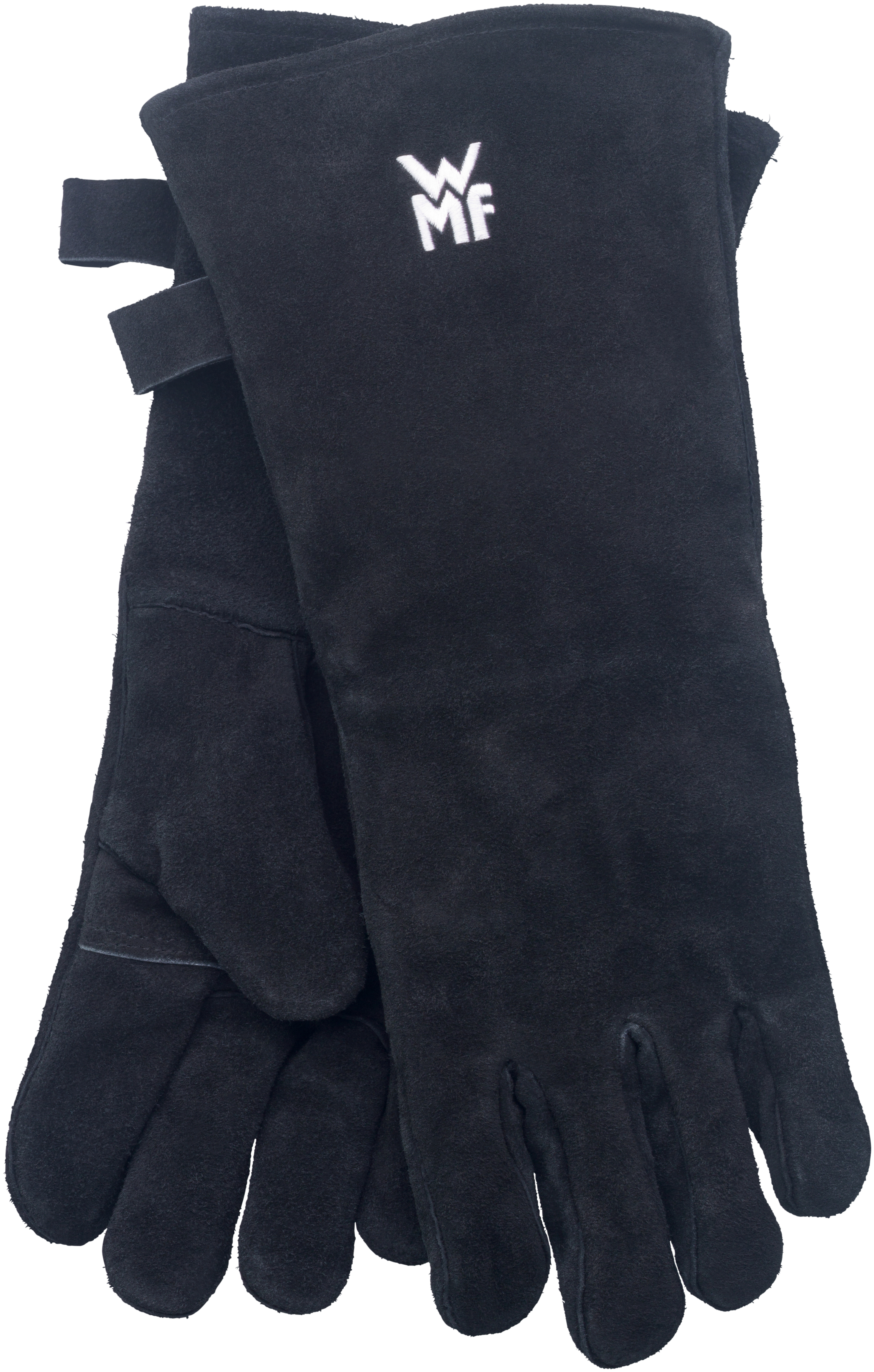 Schwarze Lederhandschuhe von WMF mit weißem Logo auf dem linken Handschuh, schwarzer Hintergrund.