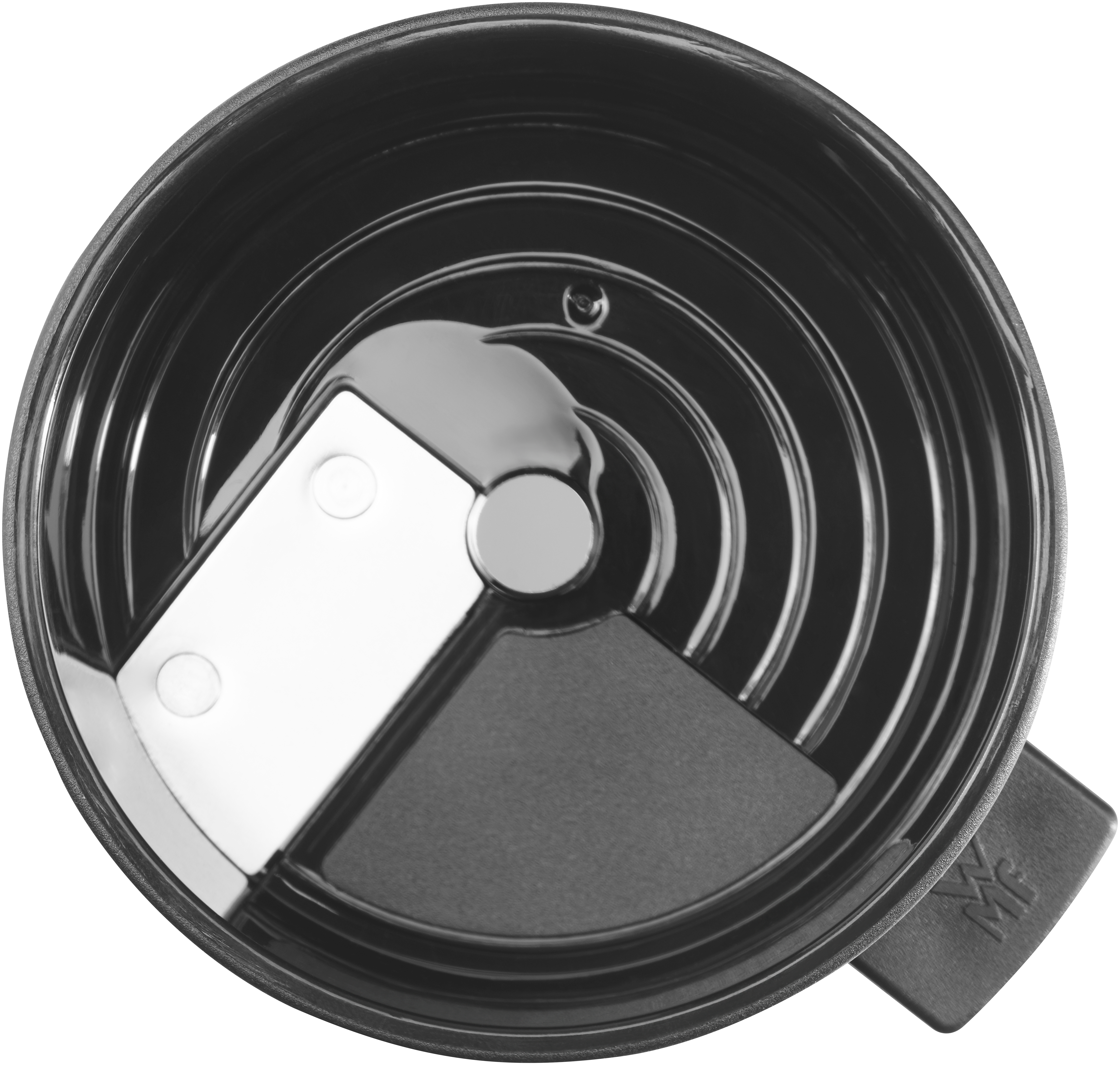 Innenansicht eines schwarzen Küchenutensils mit Klingen, Draufsicht.