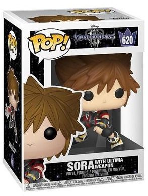 Een Funko Pop! figuur van Sora uit Kingdom Hearts, in een doos. Sora heeft stekelig bruin haar en houdt een wapen vast. De doos heeft tekst.