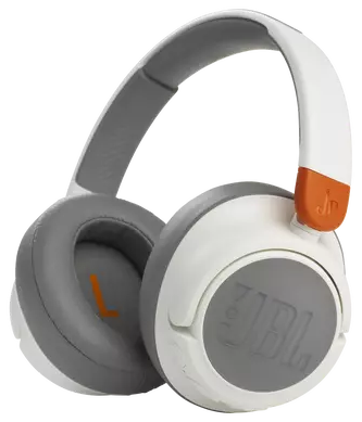 Witte en grijze JBL-hoofdtelefoon met oranje accenten, op een witte achtergrond.