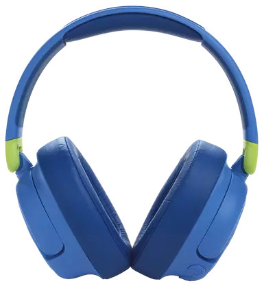 Blauwe koptelefoon met groene accenten op witte achtergrond. Eenvoudig, bovenaanzicht.