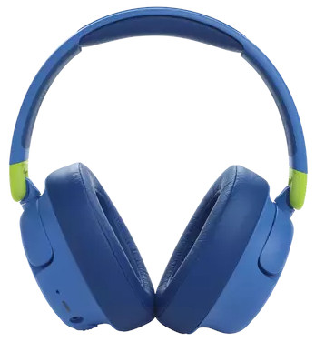 Blauwe en groene koptelefoon, vooraanzicht, op een wit oppervlak.