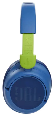 Blauwe en groene JBL Jr. koptelefoon. Zijaanzicht, toont de oorschelpen en de verstelbare band.
