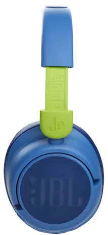 Blauwe en groene JBL Jr-koptelefoon, vooraanzicht, verstelbare maat.