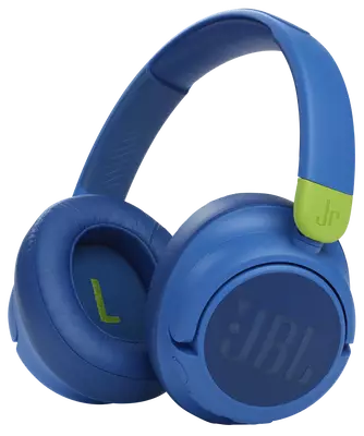 Blauwe JBL Jr. hoofdtelefoon met groene accenten en het JBL-logo op de oorschelpen.
