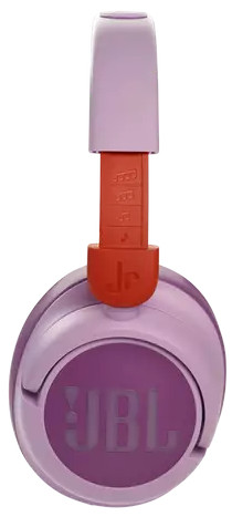 Roze en paarse JBL koptelefoon, zijaanzicht. De koptelefoon staat op een witte achtergrond.