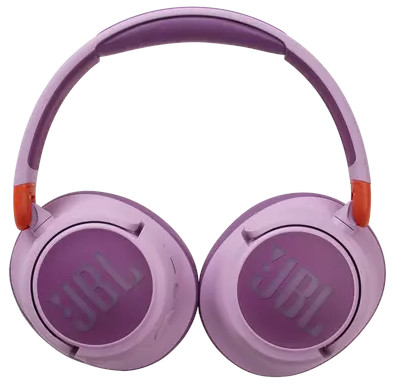 Een paar paarse JBL-hoofdtelefoons met oranje accenten, op een witte achtergrond.