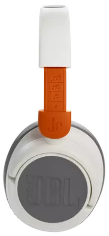Witte en grijze koptelefoon, met oranje details. Het JBL-logo is zichtbaar op de oorschelp.