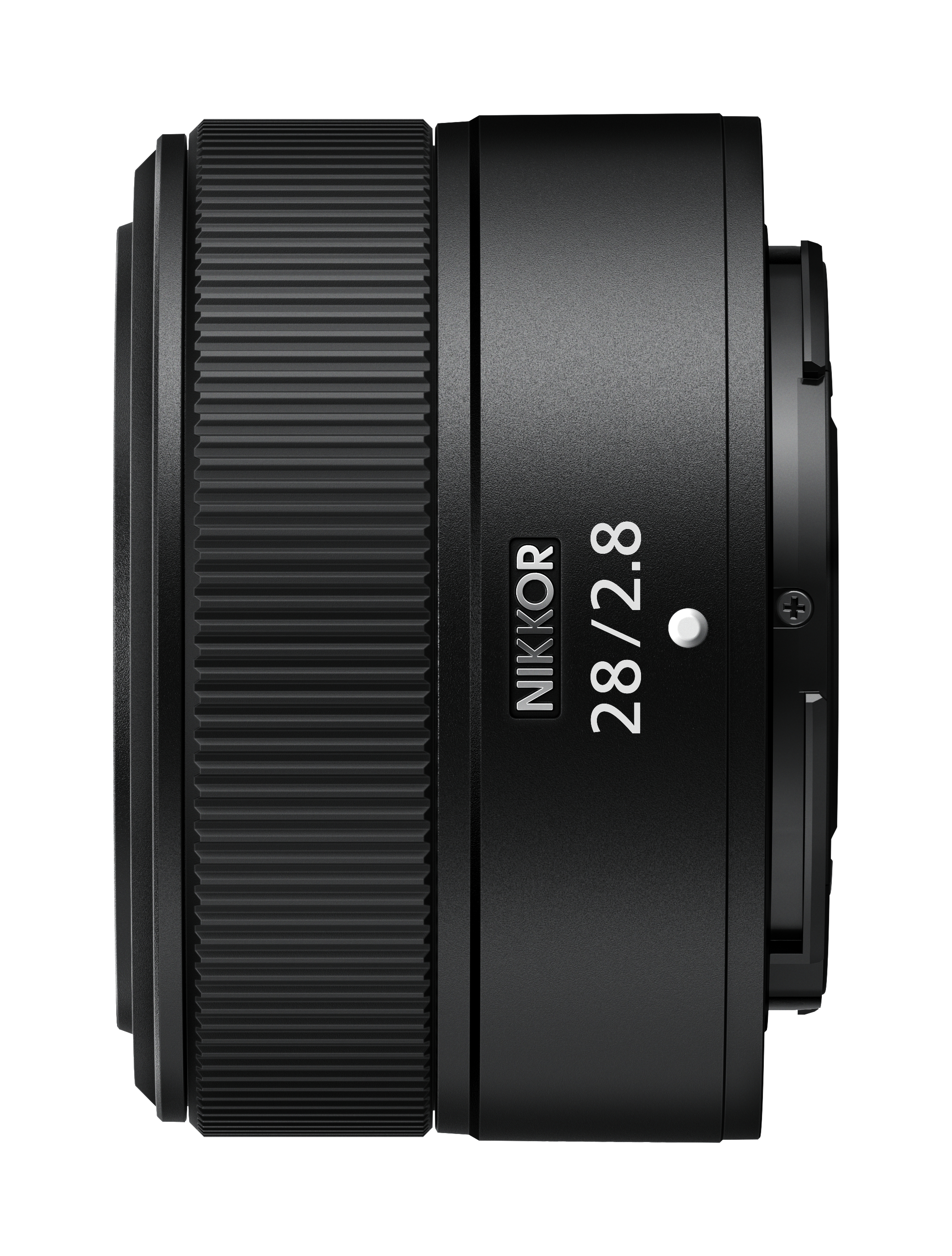 Ein schwarzes Kameraobjektiv mit der Aufschrift 'NIKKOR 28/2.8'. Das Objektiv wird von der Seite betrachtet.