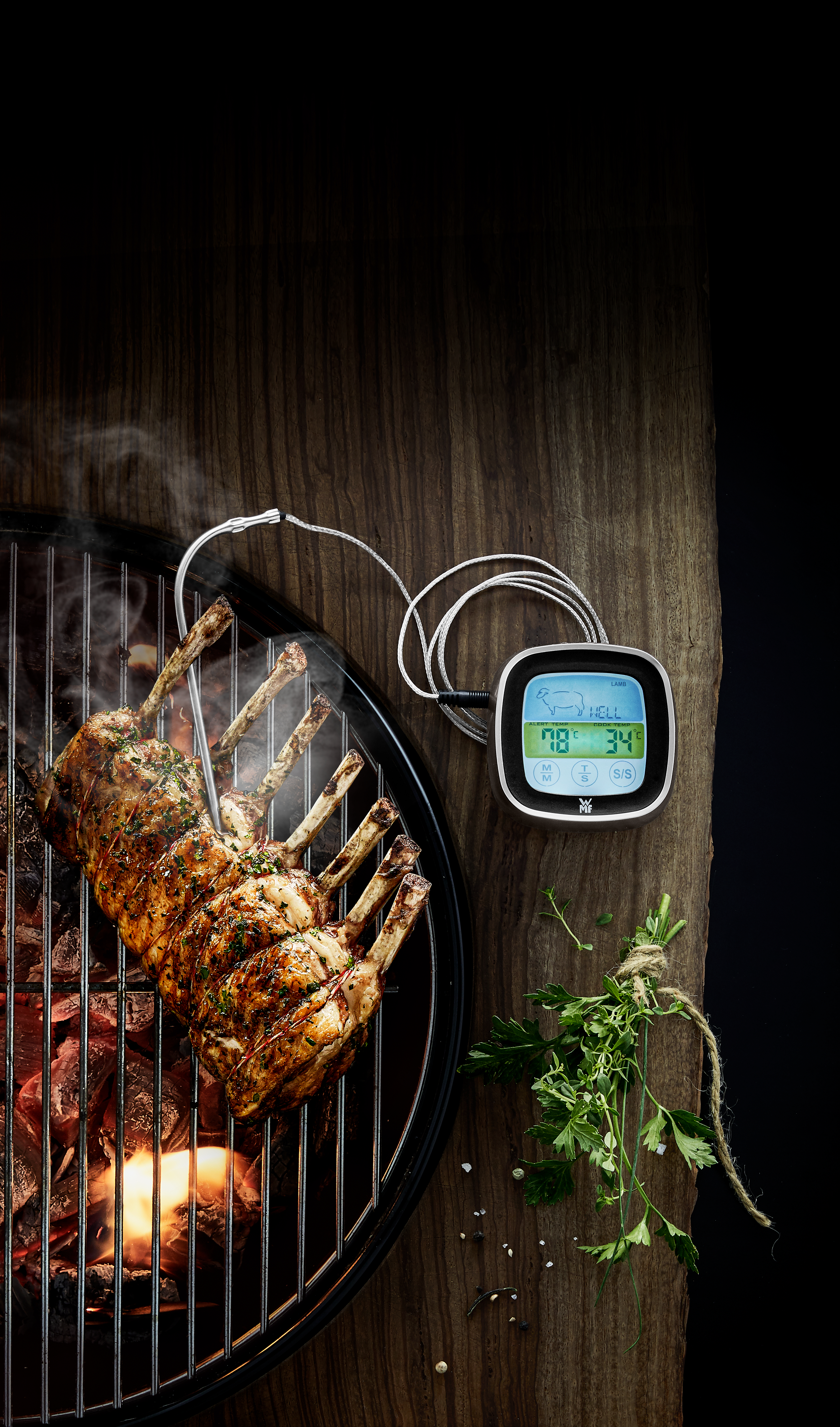 Rippchen auf einem Grill mit Thermometer. Holztisch mit Kräutern und Rauch.