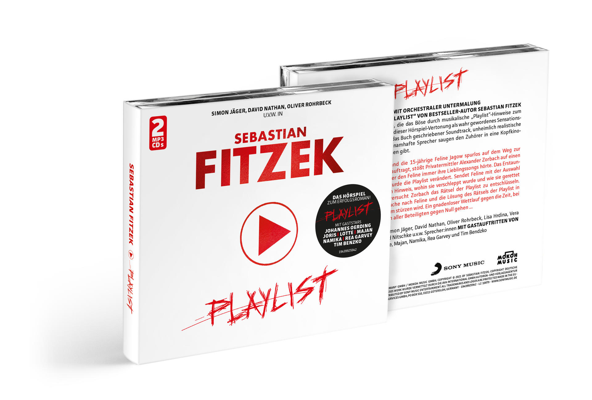 Zwei CD-Hüllen von Sebastian Fitzeks Playlist. Weiße Boxen mit rotem Play-Button.