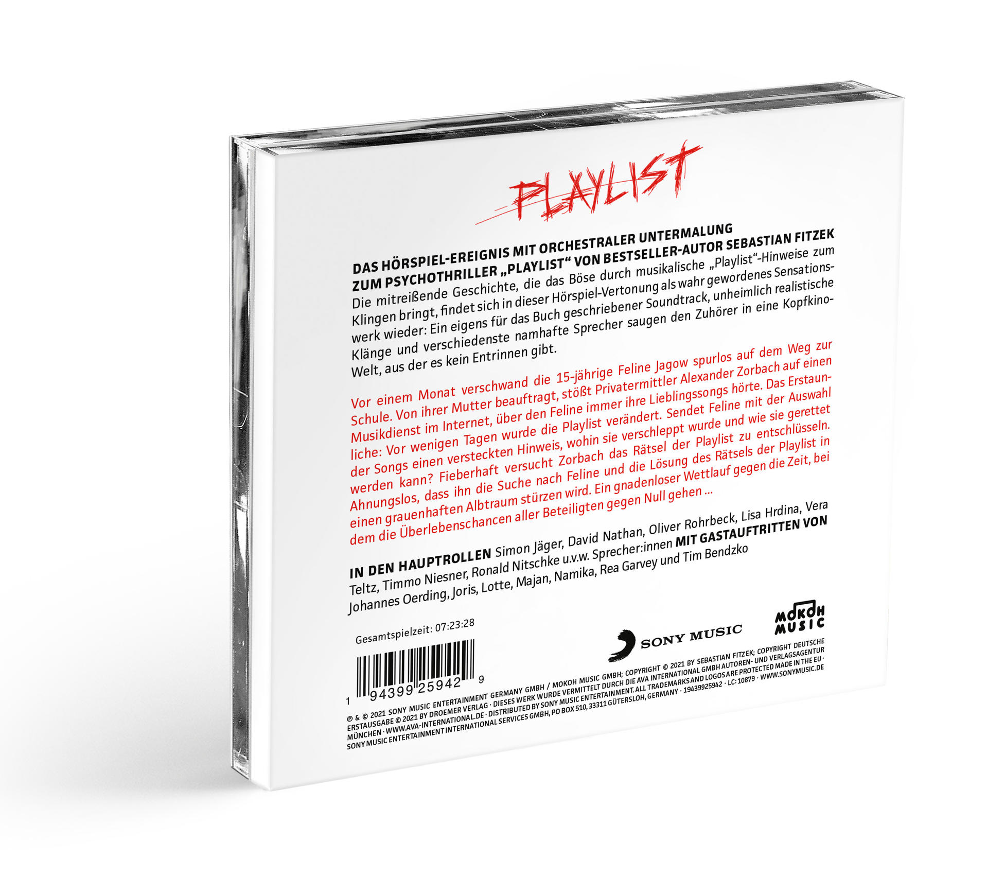 Eine CD-Hülle mit deutschem Text. Das Cover ist rot mit dem Wort „PLAYLIST“ in großen Buchstaben.
