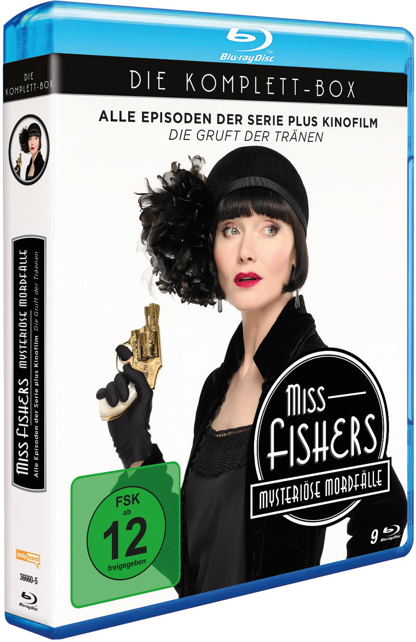 Box-Art für 'Miss Fishers Murder Mysteries' Blu-ray, Frau mit Waffe.