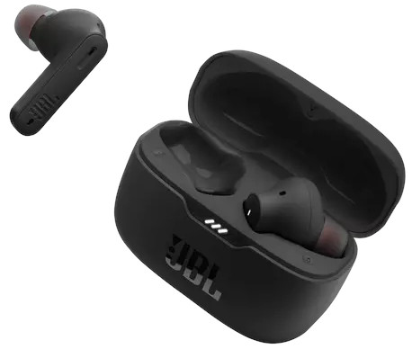 Zwarte JBL oordopjes, met oplaadcase, één oordopje apart.