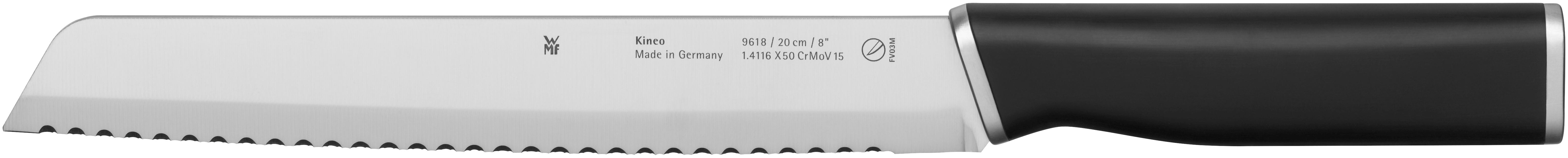 Brotmesser mit schwarzem Griff und silberner Klinge. Die Klinge hat einen gezahnten Rand.