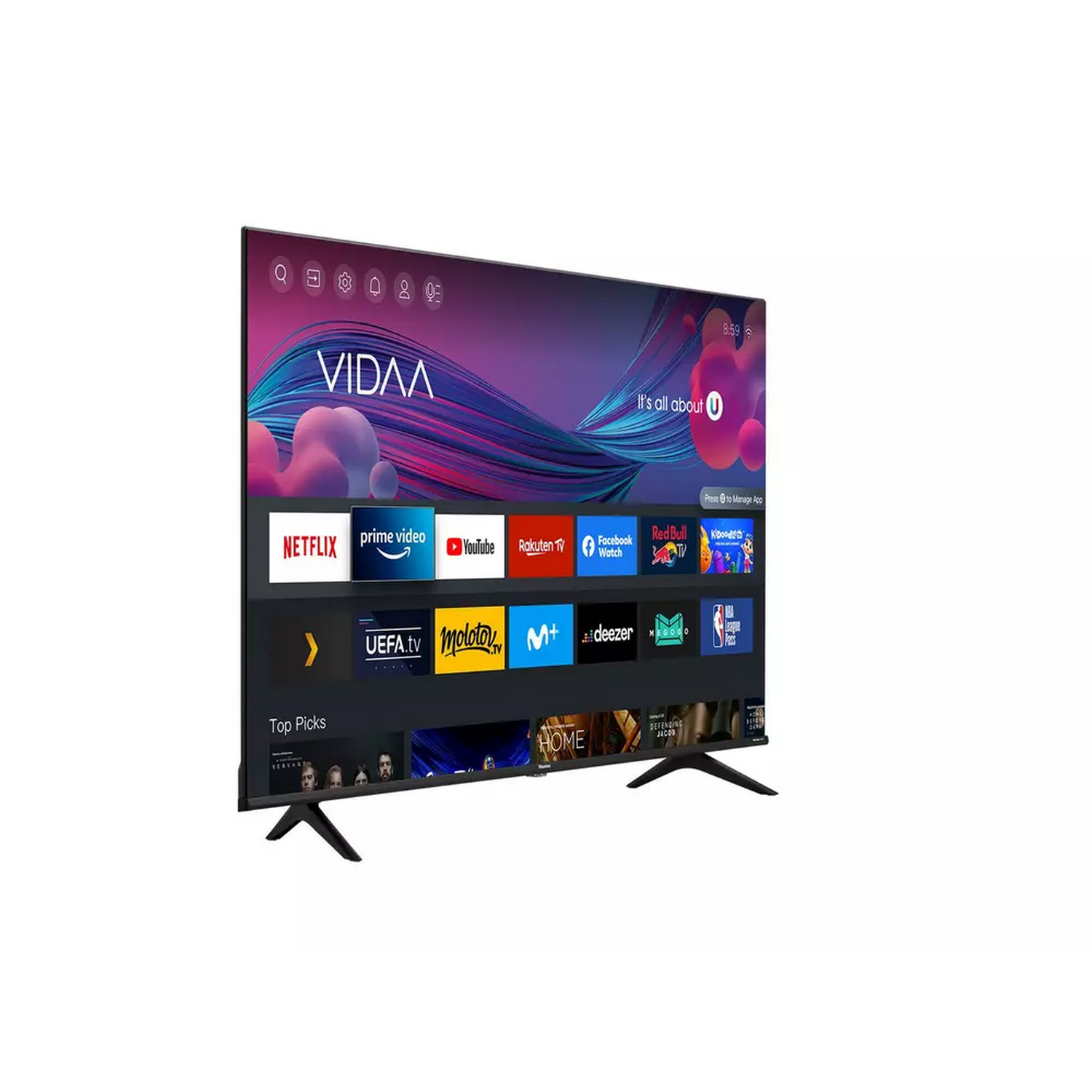 Un televisor de pantalla plana que muestra una interfaz de usuario con varios iconos de aplicaciones y un fondo morado.