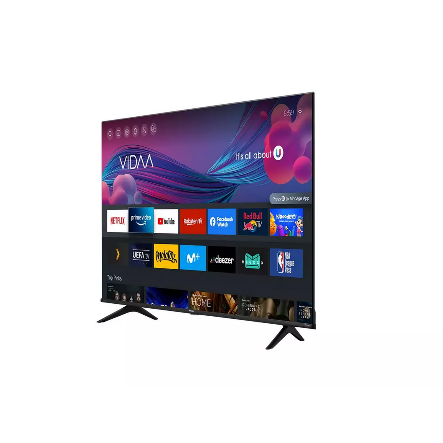 Una pantalla de TV moderna que muestra una interfaz de Smart TV con varios iconos de aplicaciones y un menú.