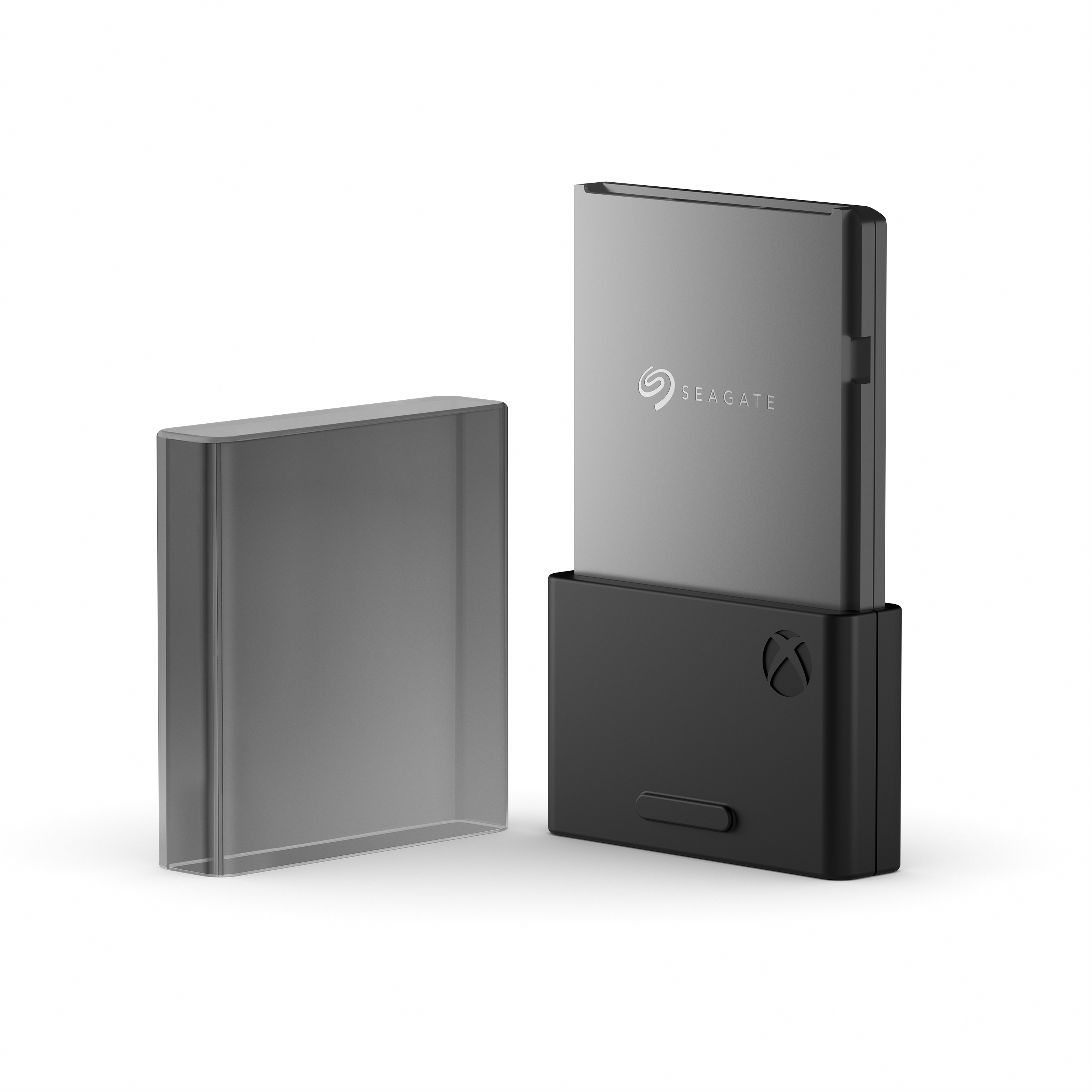 A gray Seagate external hard drive in its black case. The case is open.