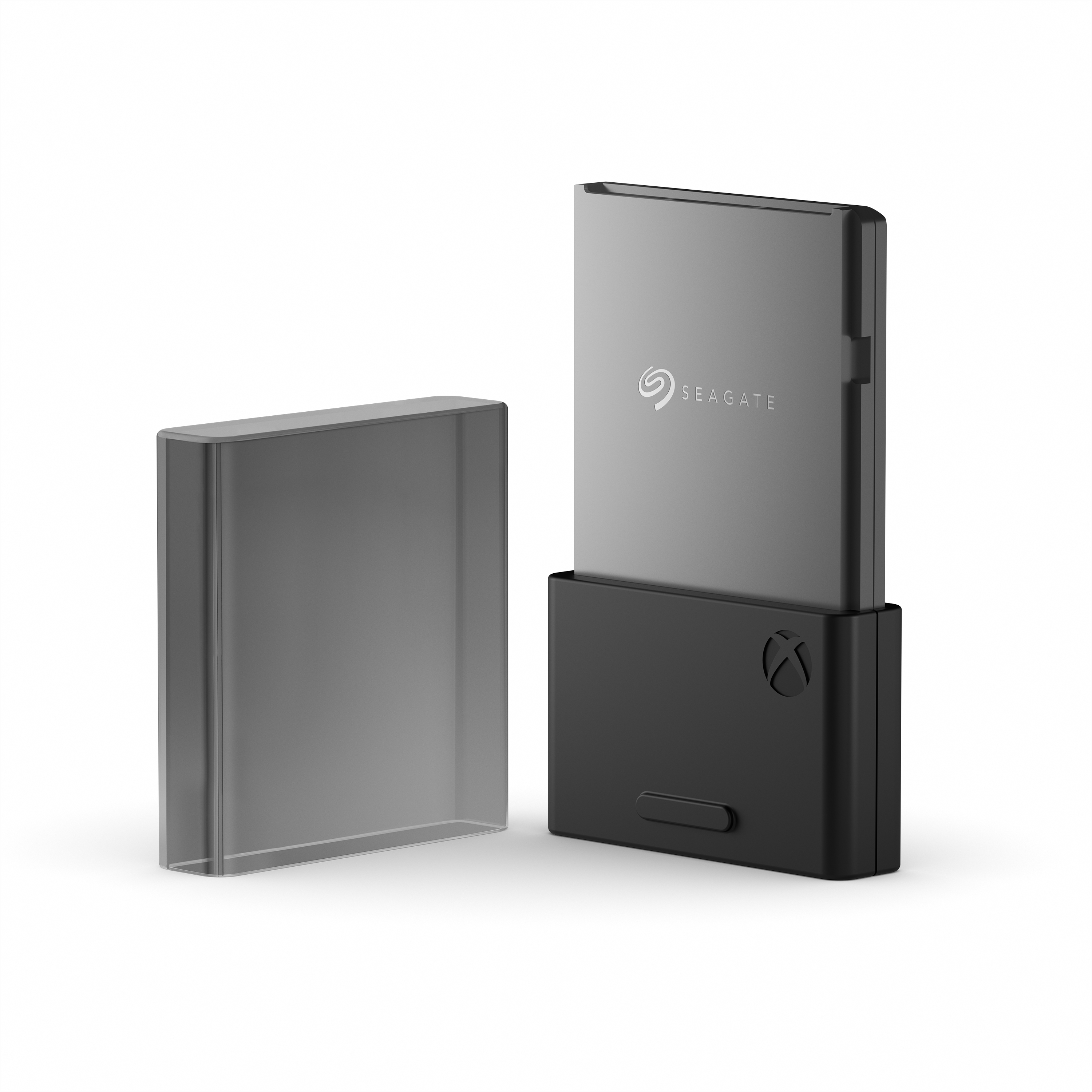 Black Seagate Xbox external hard drive and case.