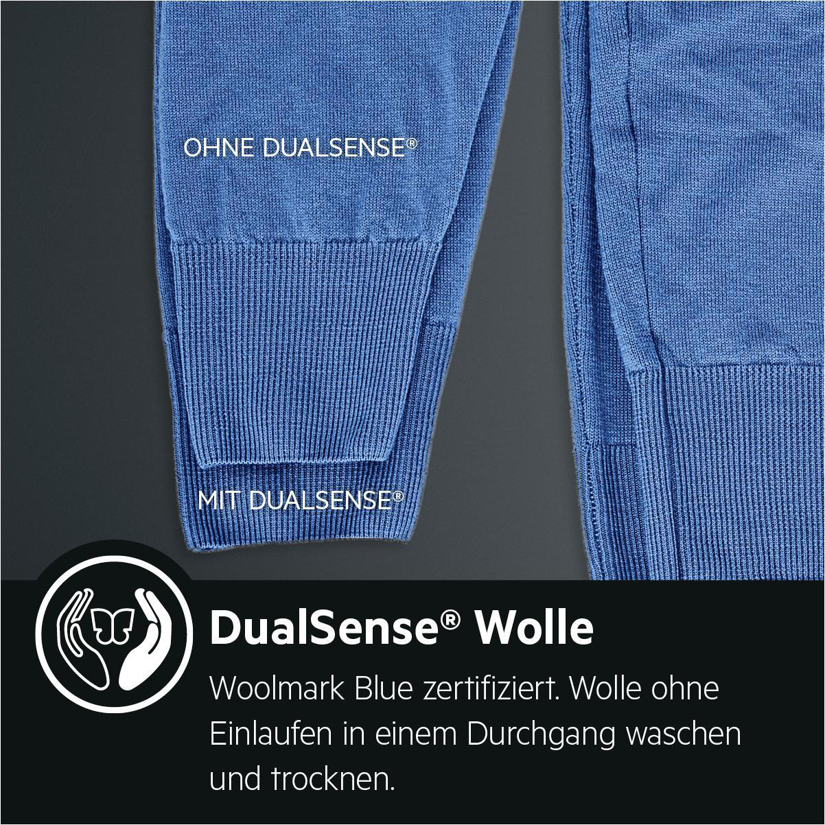Blaue Pulloverbündchen mit Textetiketten, DualSense Woolmark Logo sichtbar.