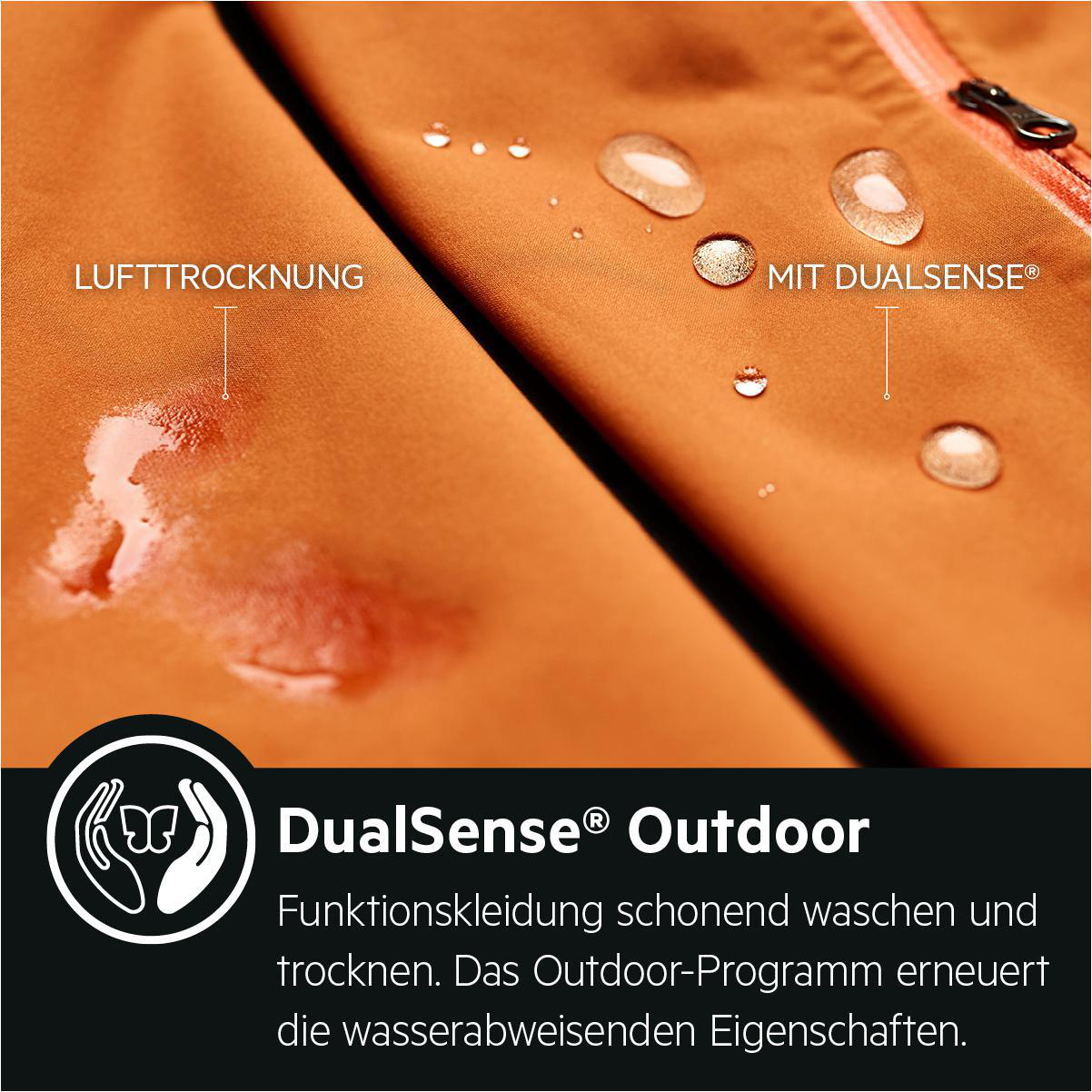 Nahaufnahme von orangefarbenem Stoff mit Wassertropfen und Text: "Lufttrocknung", "Mit DualSense®" und einem Logo.