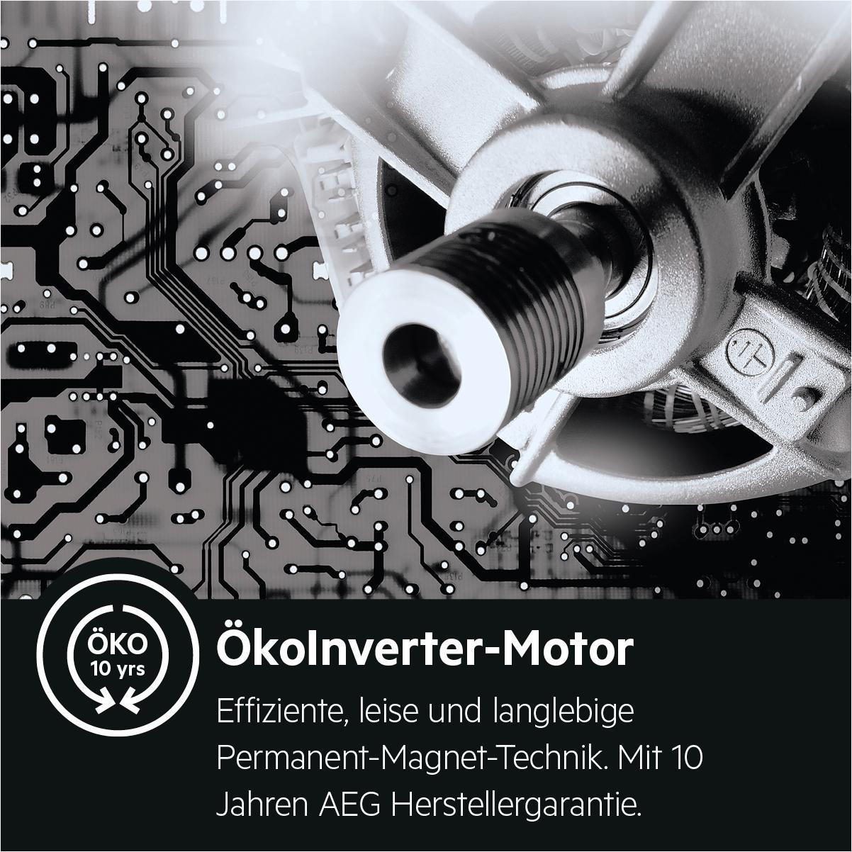Nahaufnahme eines Waschmaschinenmotors mit der Aufschrift „ÖkoInverter-Motor“ und Text.