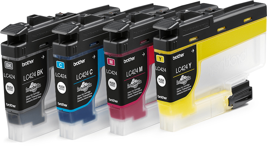 Quatre cartouches d'encre Brother : noir, cyan, magenta et jaune.