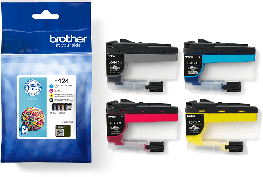 Cartouches d'encre Brother LC424 dans un sac. Cartouches noir, cyan, magenta et jaune affichées.