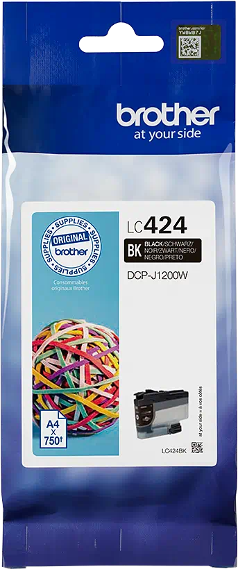 Cartouche d'encre Brother LC424BK dans un emballage plastique avec une boule de caoutchouc colorée.