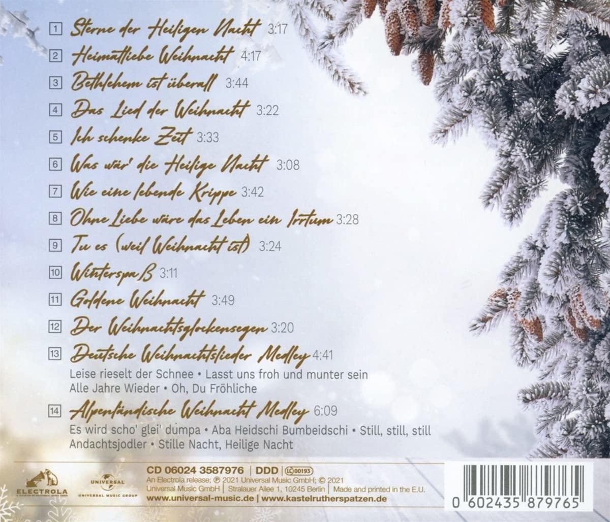 Die Rückseite einer CD-Hülle mit Liedtiteln und Credits auf Deutsch, mit einer Schneeszene.