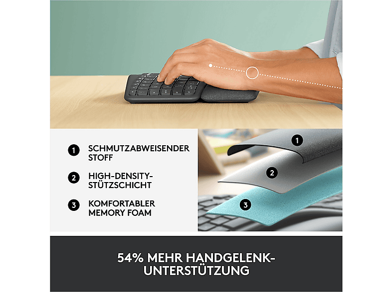 LOGITECH K860 ERGO Kabellose ergonomische Tastatur, DEU (Qwertz), Grafit — Foto 2 von 5