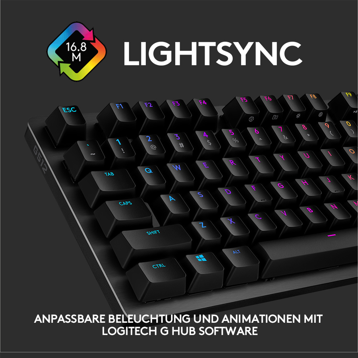 Schwarz beleuchtete Tastatur mit beschrifteten Tasten. Enthält das Lightsync-Logo.