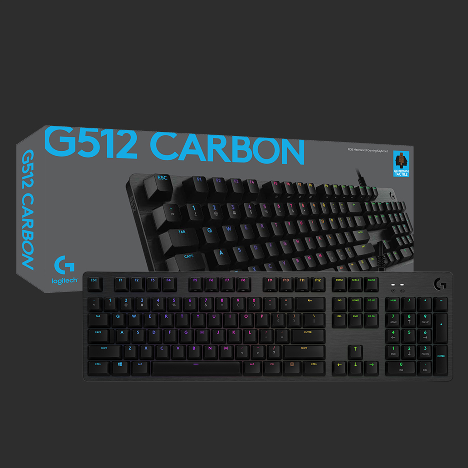 Logitech G512 Carbon Tastatur mit Karton. Tastatur ist schwarz mit farbigen beleuchteten Tasten.