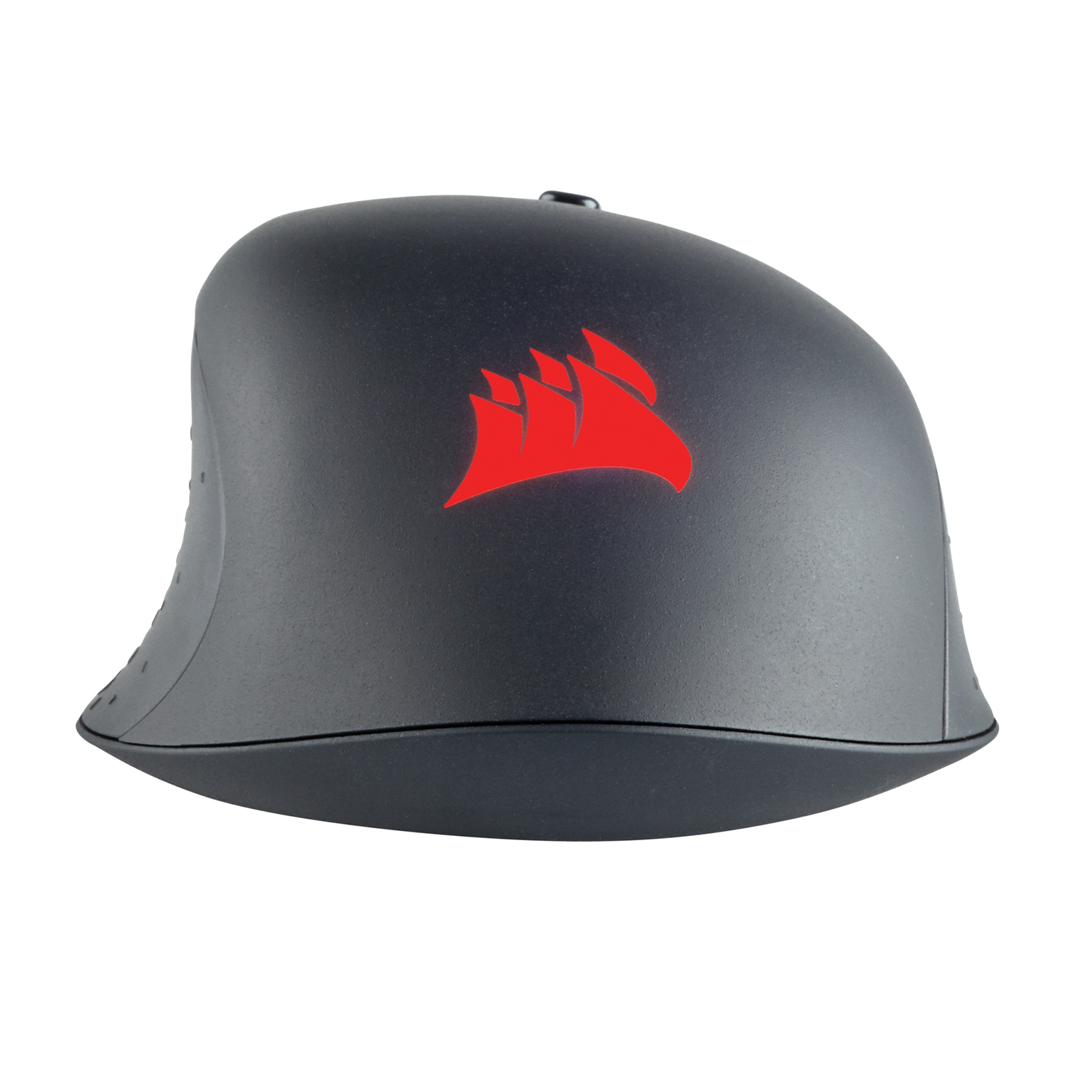 Mouse nero con logo rosso, su sfondo bianco.