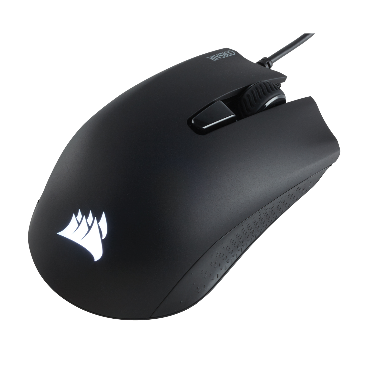 Mouse da gioco Corsair nero con logo su sfondo bianco.