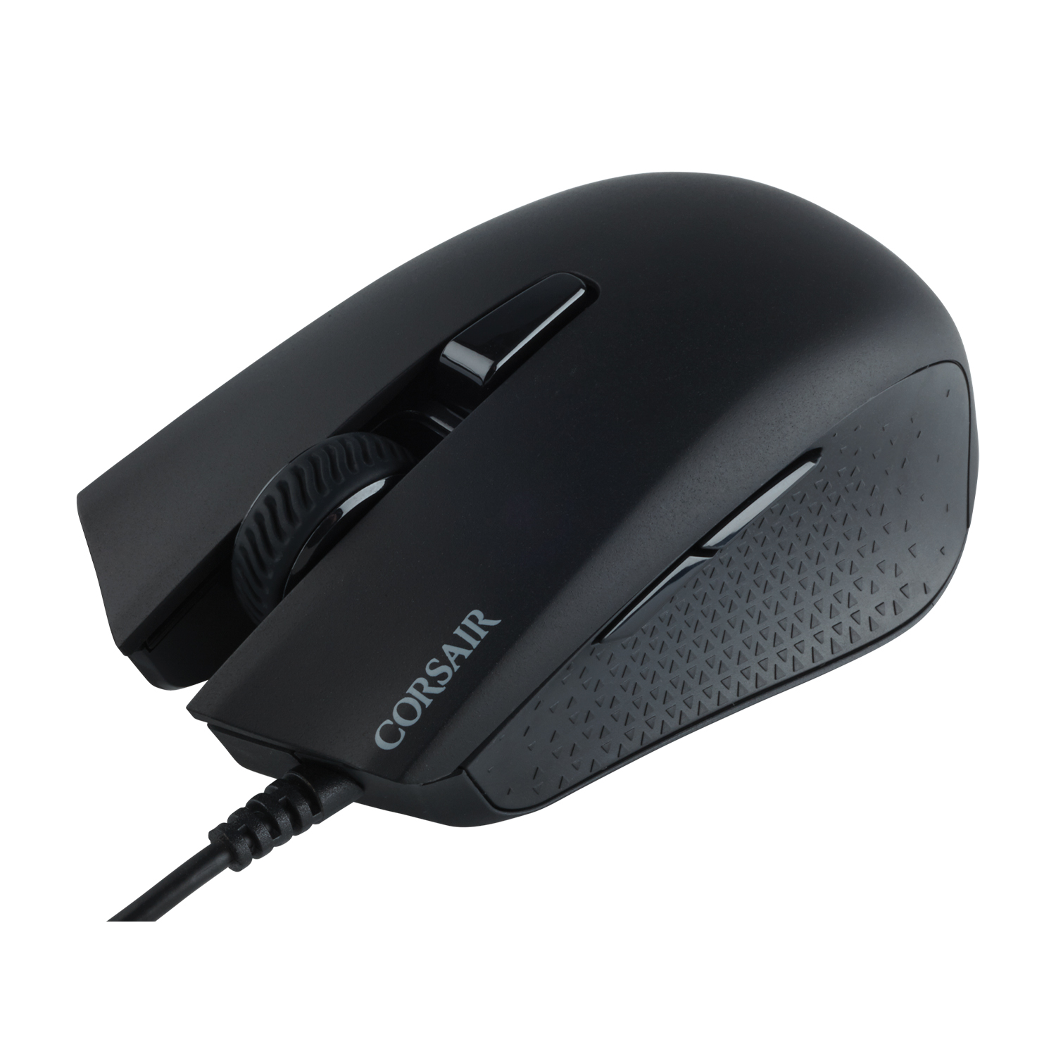 Mouse per computer nero. Il mouse ha una rotella e due pulsanti. Sfondo bianco.