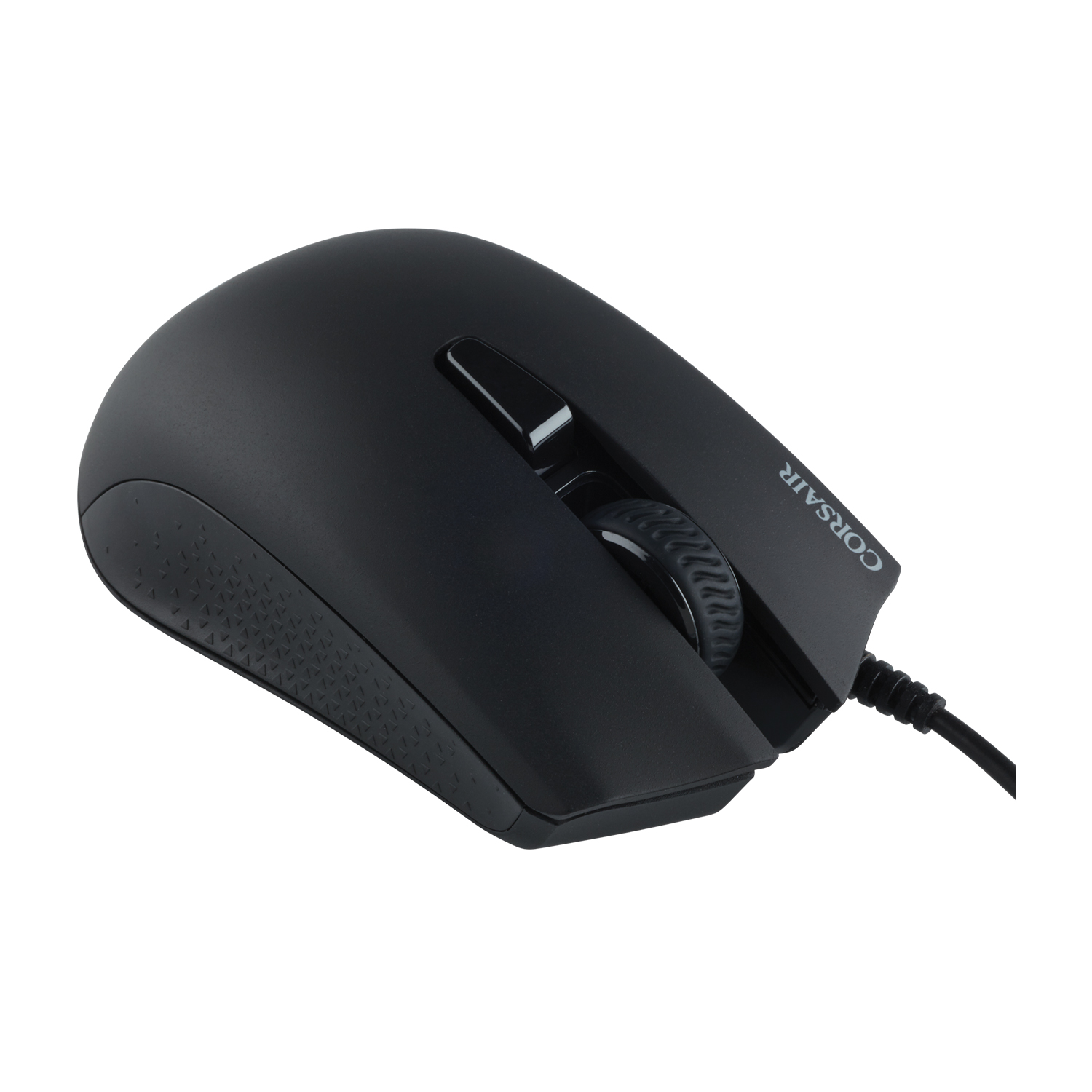 Mouse gaming Corsair nero con rotella testurizzata e cavo nero.