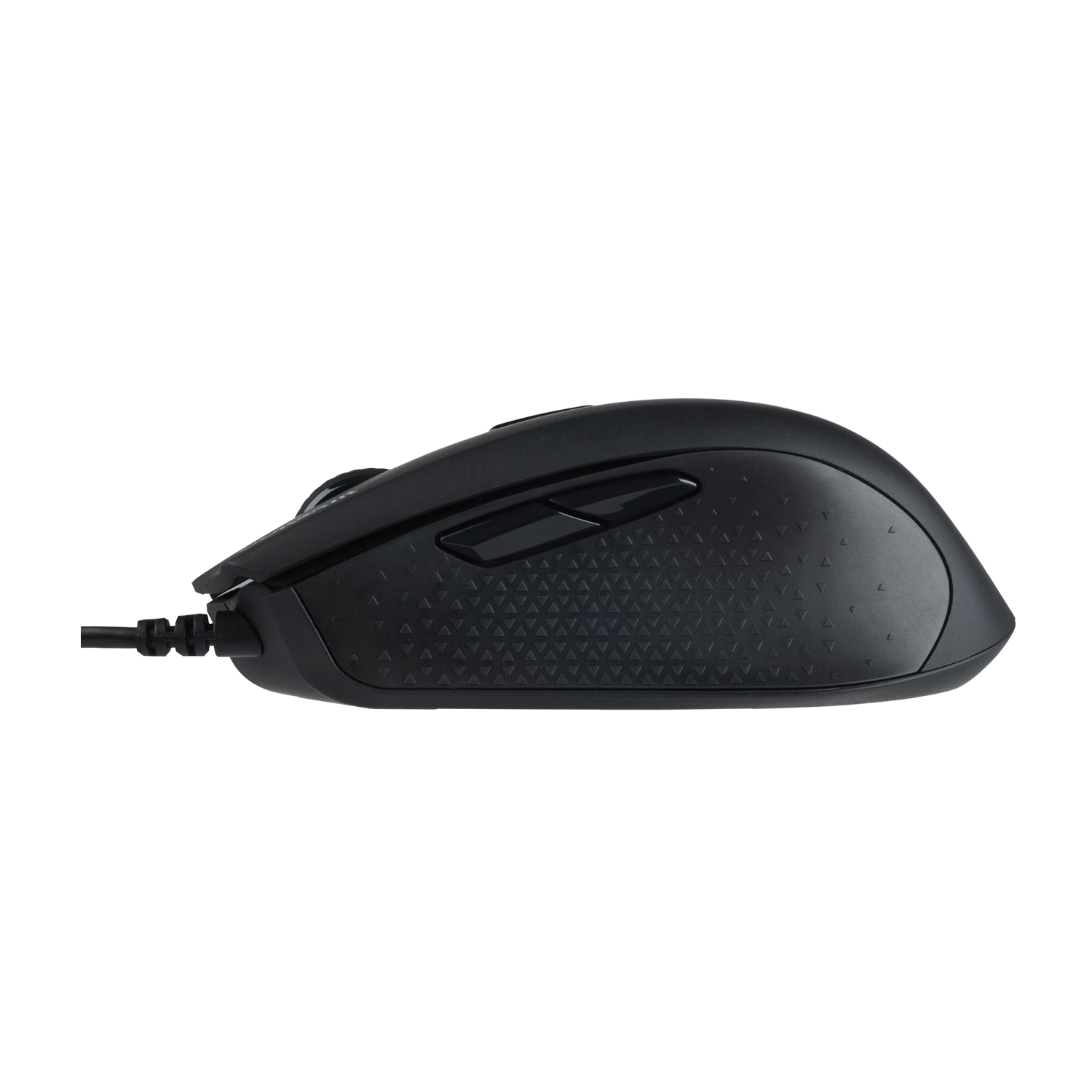 Un mouse ergonomico nero con cavo.