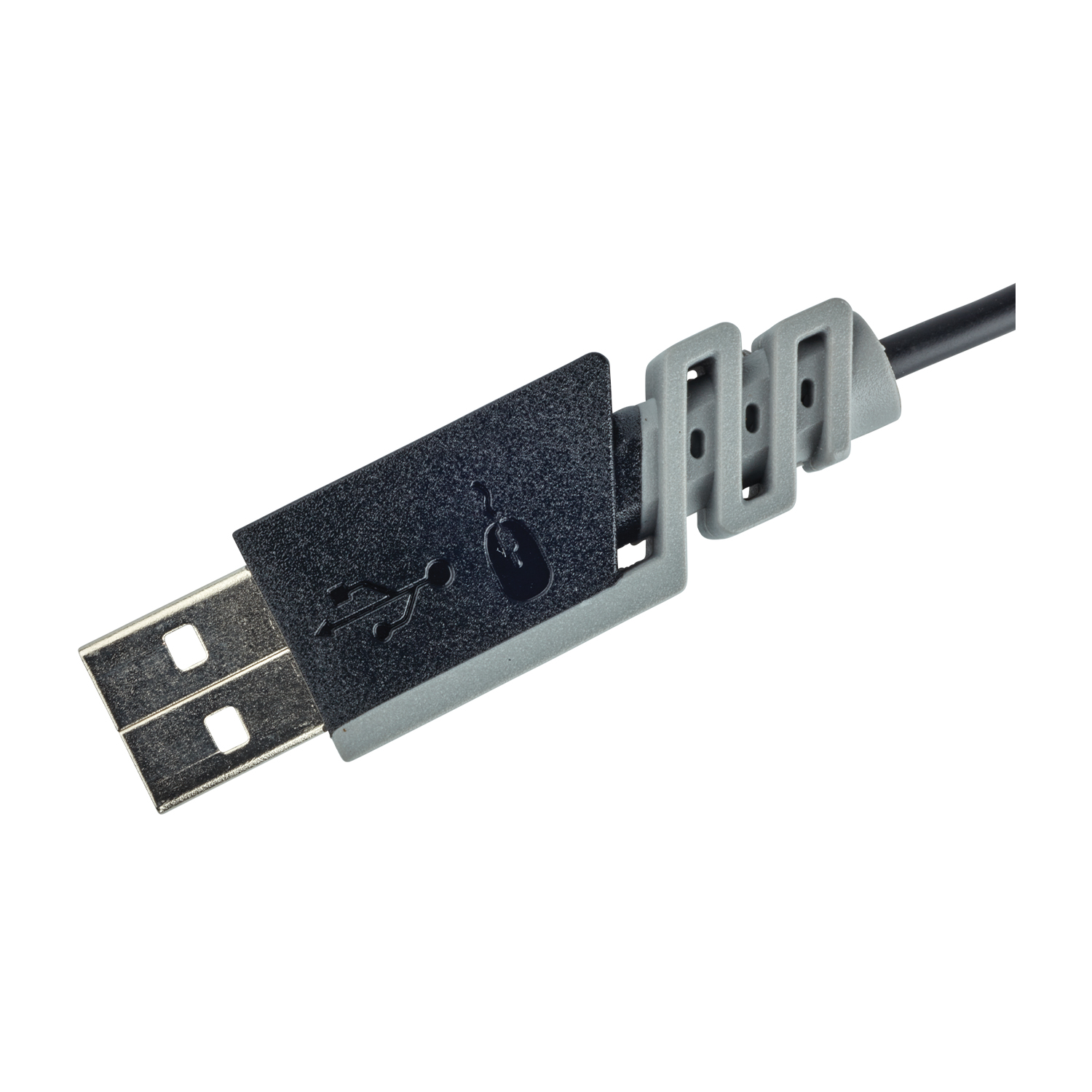 Primo piano di un cavo USB con connettore nero e grigio, angolato su sfondo bianco.
