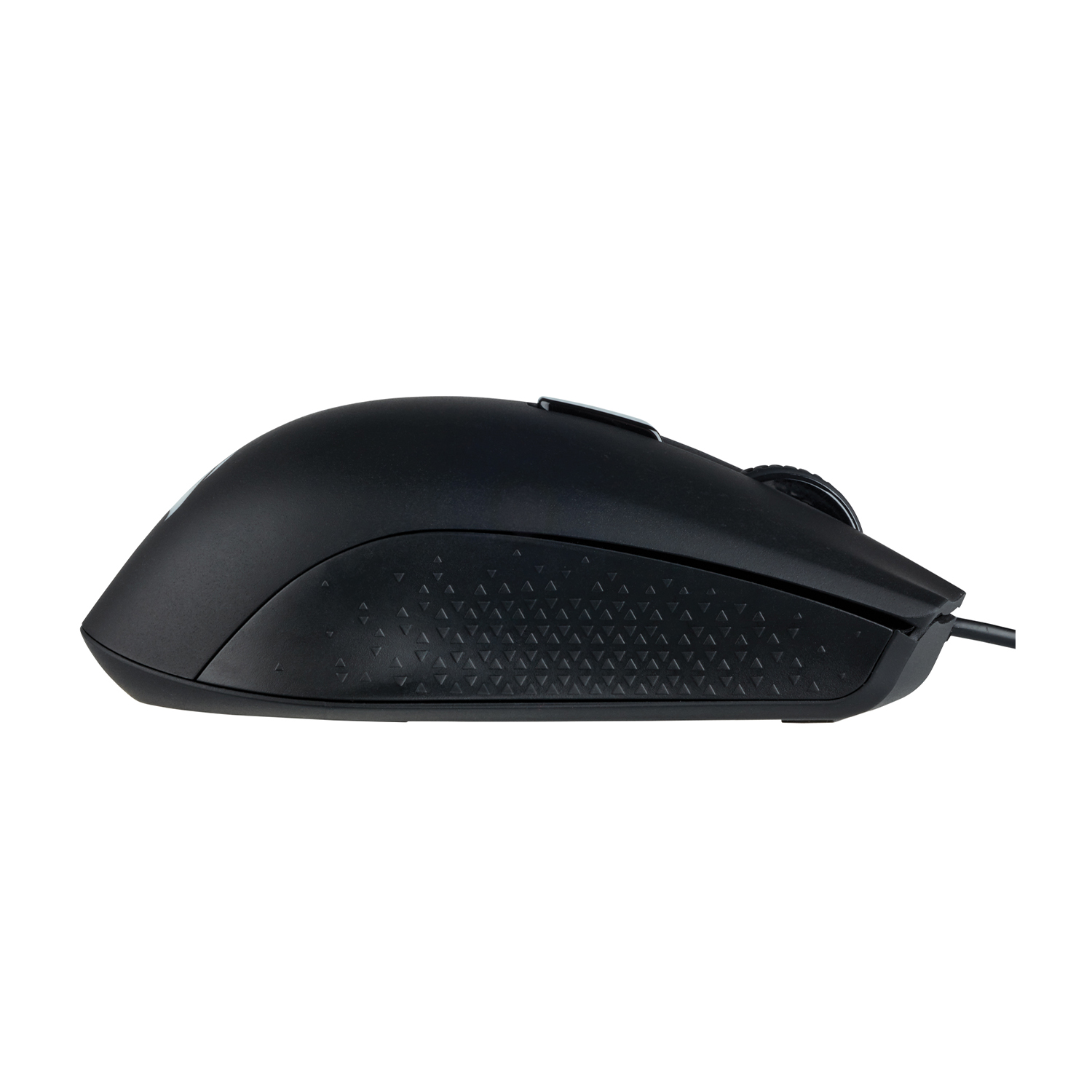 Un mouse nero con base testurizzata e cavo nero, su sfondo bianco.