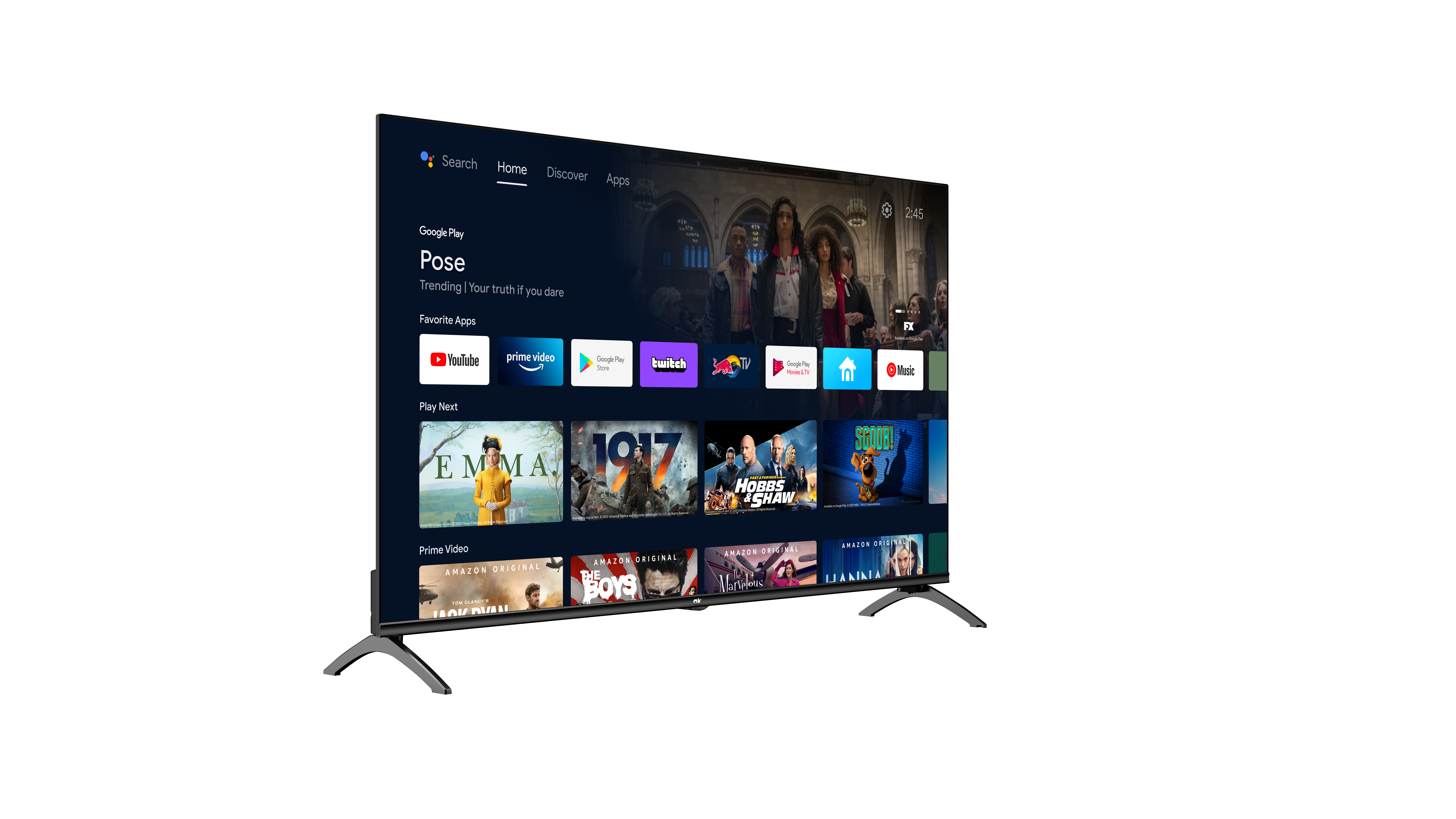 Großer Fernsehbildschirm, zeigt Startbildschirm mit App-Symbolen und Serie 'Pose'.