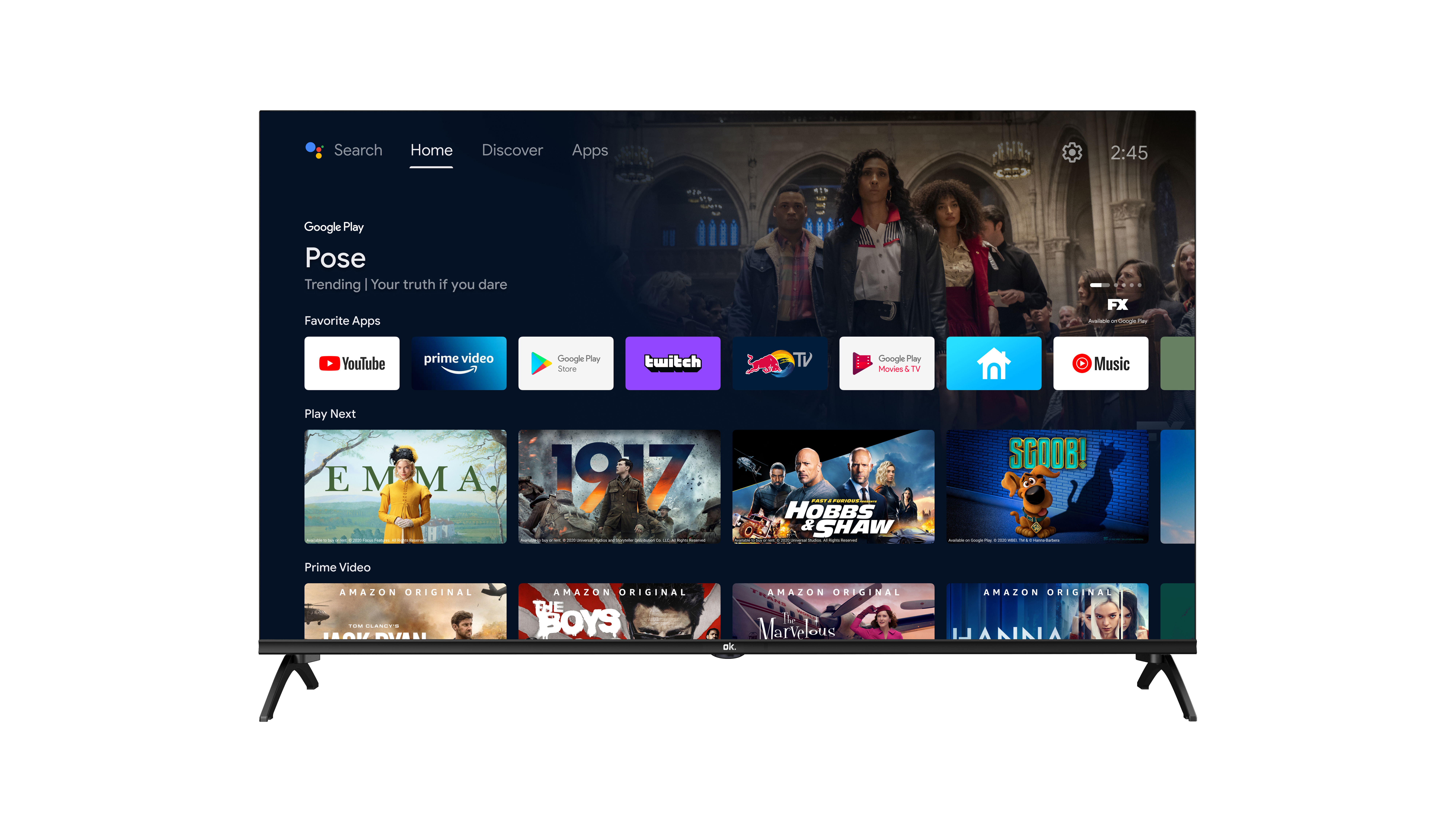 Großer Fernseher, der einen Startbildschirm mit App-Symbolen und einem Filmplakat anzeigt, mit Personen im Hintergrund.