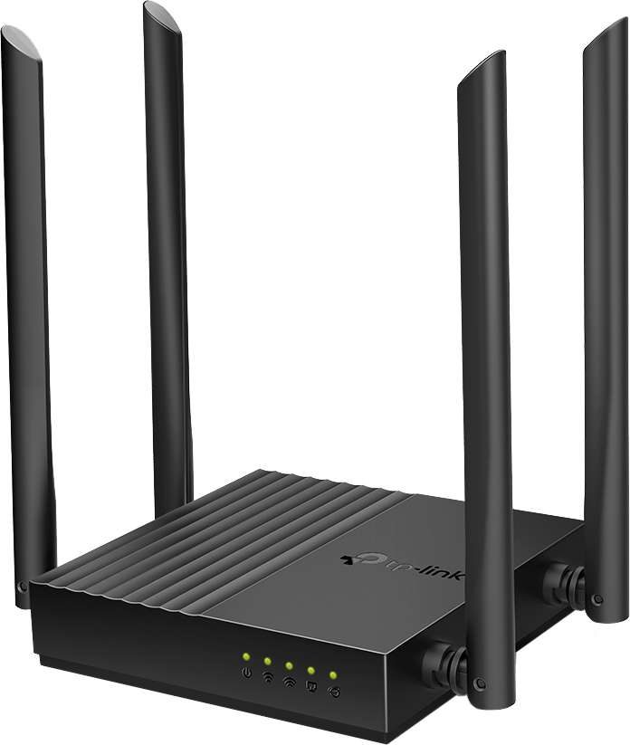 Fekete router négy antennával és zöld jelzőfényekkel.