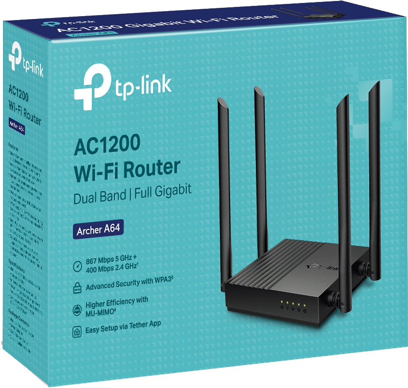 Egy Wi-Fi router doboz tp-link logóval és információkkal az elején, a router látható.
