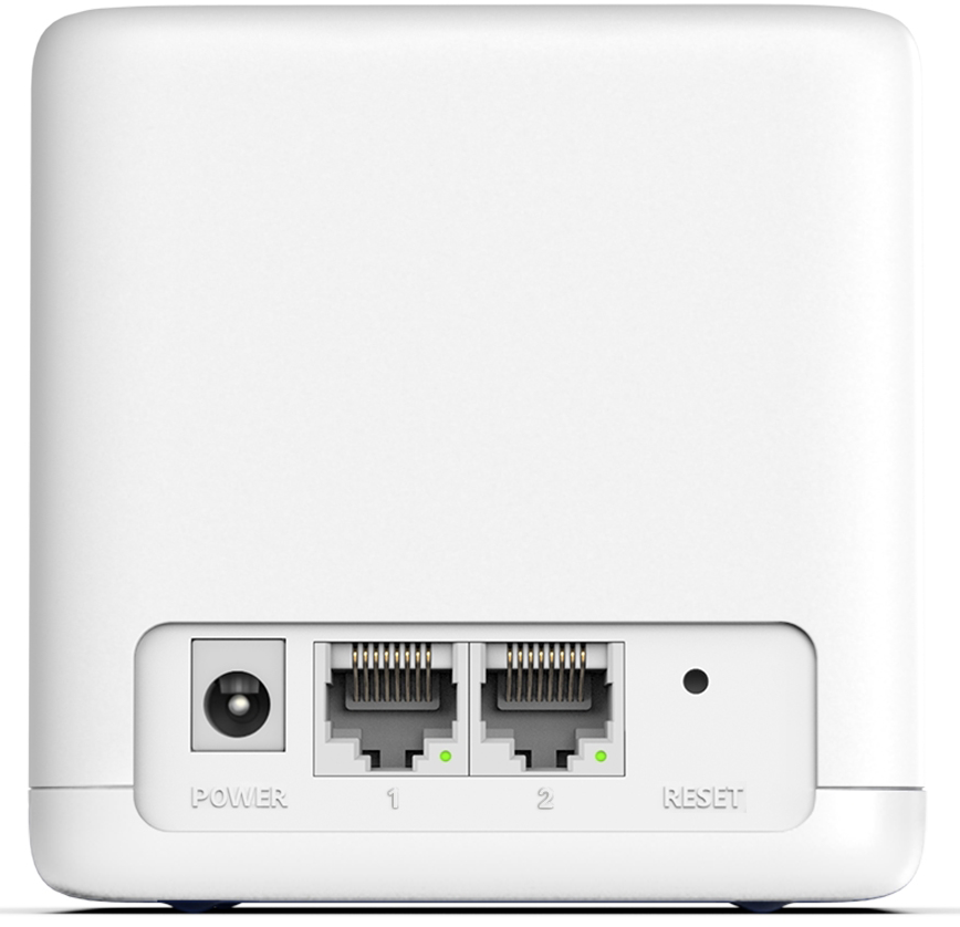 Egy fehér eszköz két 1-es és 2-es jelzésű ethernet porttal, egy tápcsatlakozóval és egy reset gombbal.