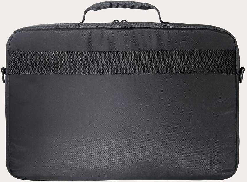 Fekete laptop táska vállpánttal és felső fogantyúval, hátulról nézve.