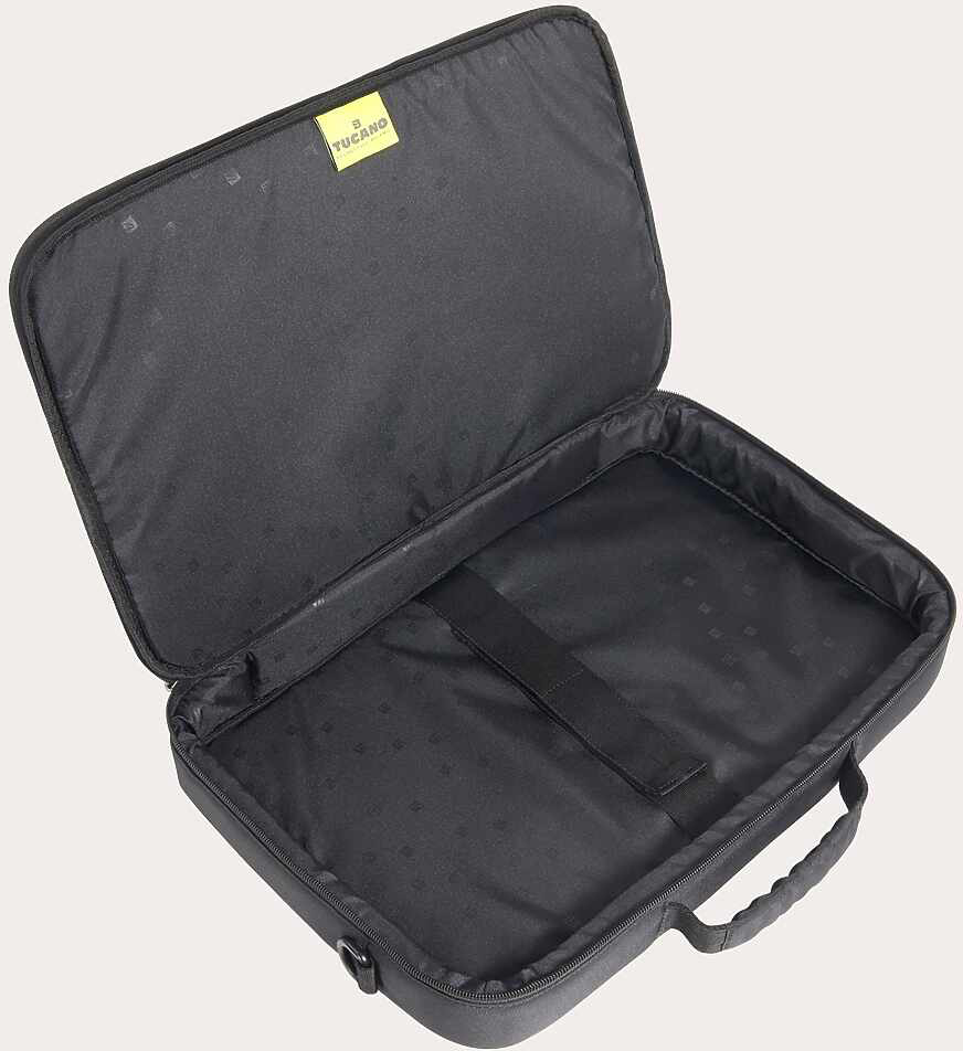Nyitott fekete laptop táska fogantyúval és sárga Tucano logóval.